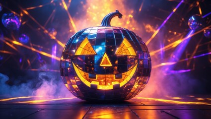 Nightclub Halloween Mirror Ball - Disco Sphere with Pumpkin Face and Abstract Lights Under a Smoky Atmosphere