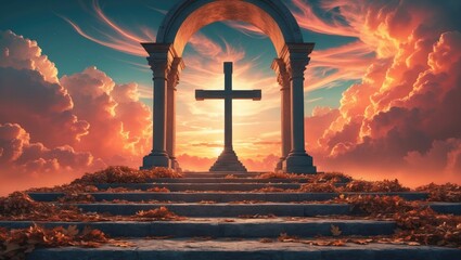 Concept of Easter Sunday featuring an empty tomb and a cross backdrop