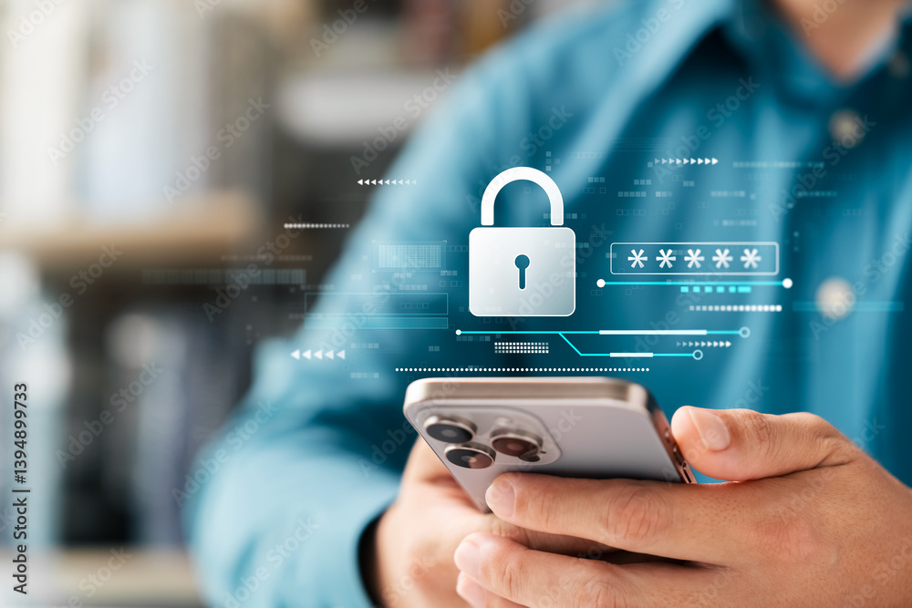 Wall mural cyber ​​security and data protection, businessman using smartphone to encrypt security to protect ag