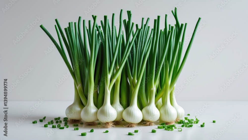 Poster Isolated green onion against a white backdrop with full depth of field