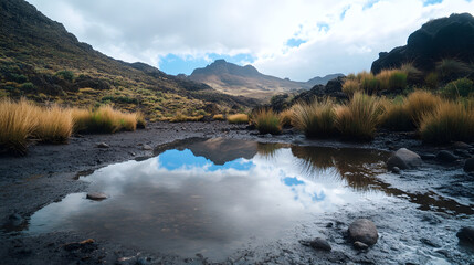 Mountain Reflection: The rugged mountain landscape, with its towering peaks and serene water reflection, evokes a sense of vastness, tranquility, and awe.