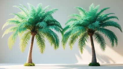 Obraz premium Bright leaves of two sizable trees isolated on a white canvas. Evergreen palm tree for creative purposes. Colorful tropical exotic plants. Green leaf garden decoration. Summer forest scenery.