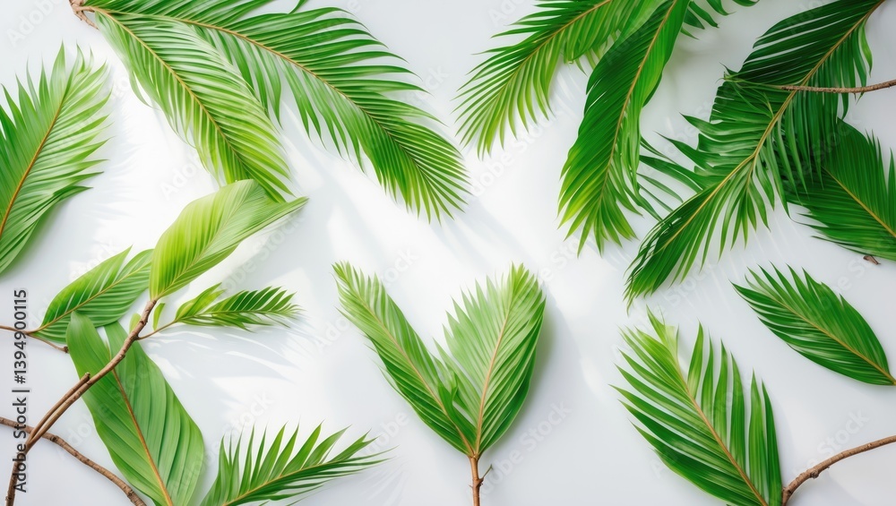 Aufkleber top view of green palm leaf branches on a white surface
