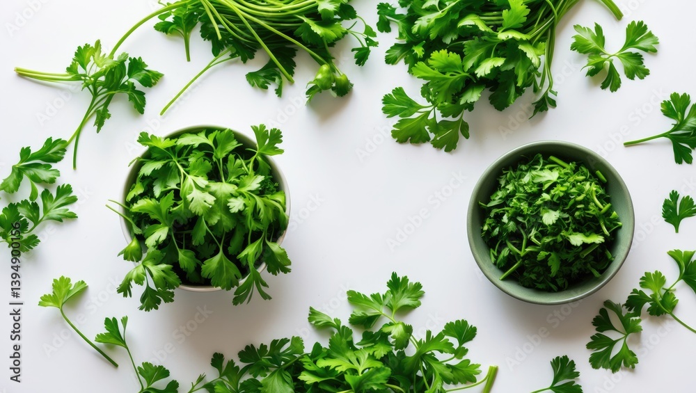 Poster parsley detached on a white background. bird's-eye view. parsley leaves allowing space for text. her