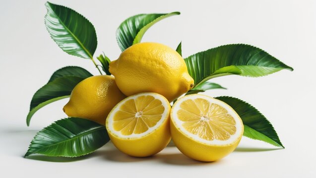 Cluster of lemons with foliage, set against a white backdrop