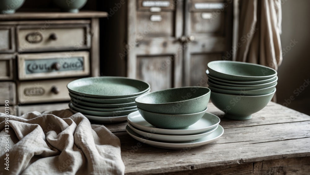 Aufkleber rustic table featuring gray stoneware plates and bowls