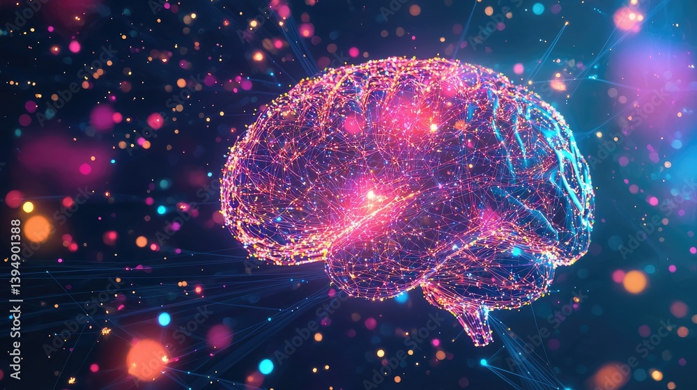 Poster a futuristic brain visualization with glowing neural connections and floating digital particles