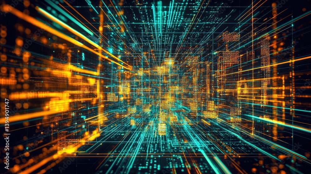 Poster a futuristic data visualization with glowing light trails and complex geometric patterns