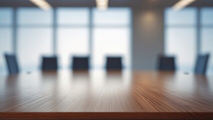 Empty wooden tabletop in a vacant office featuring a sleek boardroom and big window scenery, closeup, mock up