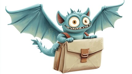 Cute blue dragon carrying a briefcase. (1)