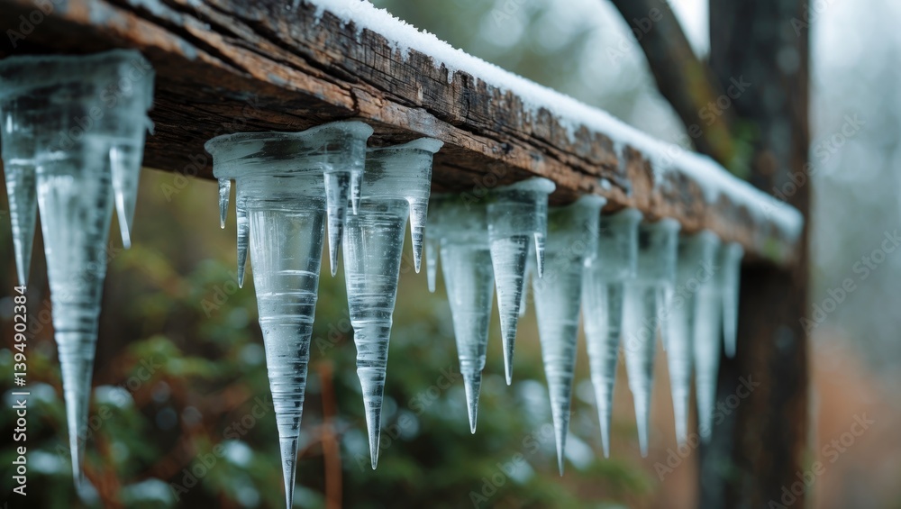 Aufkleber Intimate shot of icicles draping from a structure, revealing visible growth layers. The use of depth of field sharpens the foreground while the background is artistically blurred with vegetation
