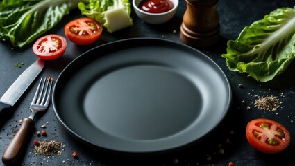 Dark background featuring an empty gray plate alongside a knife and fork