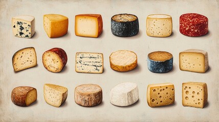 National cheese day with snack and celebration idea. Assorted cheese varieties displayed in an artistic arrangement.