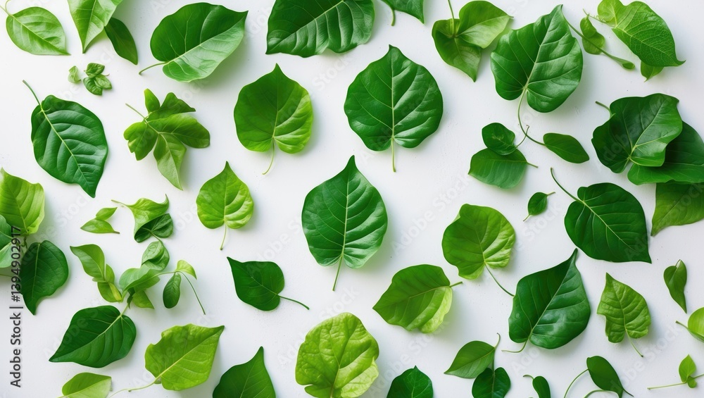 Poster green leaves and leaf branches displayed in a flat lay on a white surface.