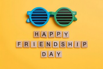 Obraz premium Happy Friendship Day Concept with Sunglasses and Scrabble Letter Tiles on Yellow Background, Fun and Playful Celebration Theme for Greeting Cards, Posters, and Social Media
