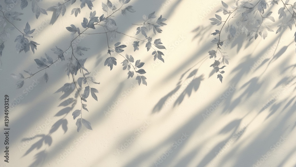 Poster white wall featuring gray shadows of leaves. abstract background with a neutral nature theme. text s
