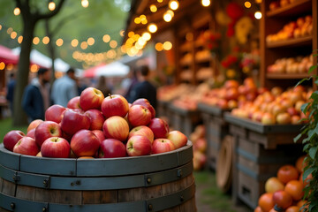 Abundance of Ripe Apples in a Rustic Market Setting Displayed on a Wooden Barrel Under Festive Lights, Creating a Warm and Inviting Autumn Harvest Atmosphere