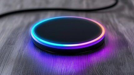 a black and purple button with a glowing light