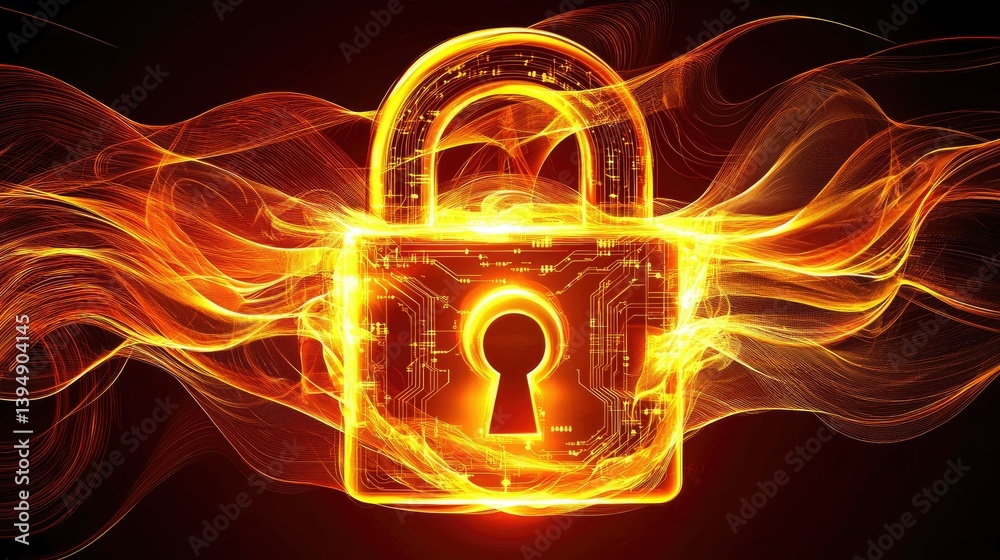 Poster a glowing digital padlock surrounded by binary code and interconnected data streams, symbolizing cyb