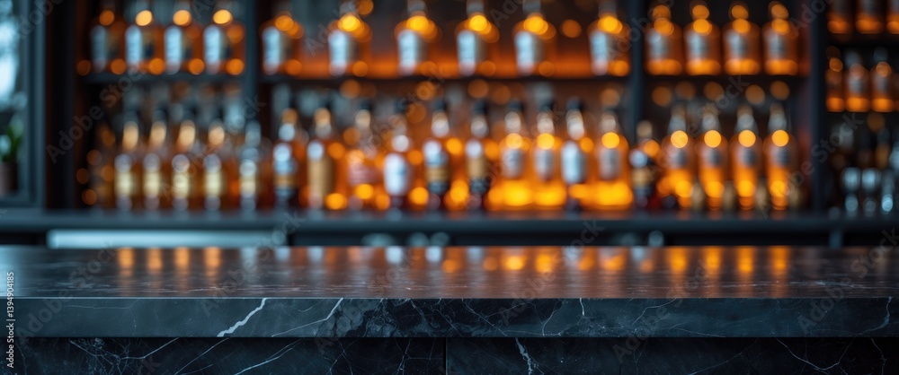 Poster bokeh shelves showcasing alcohol bottles set against a grey table top. bar idea.