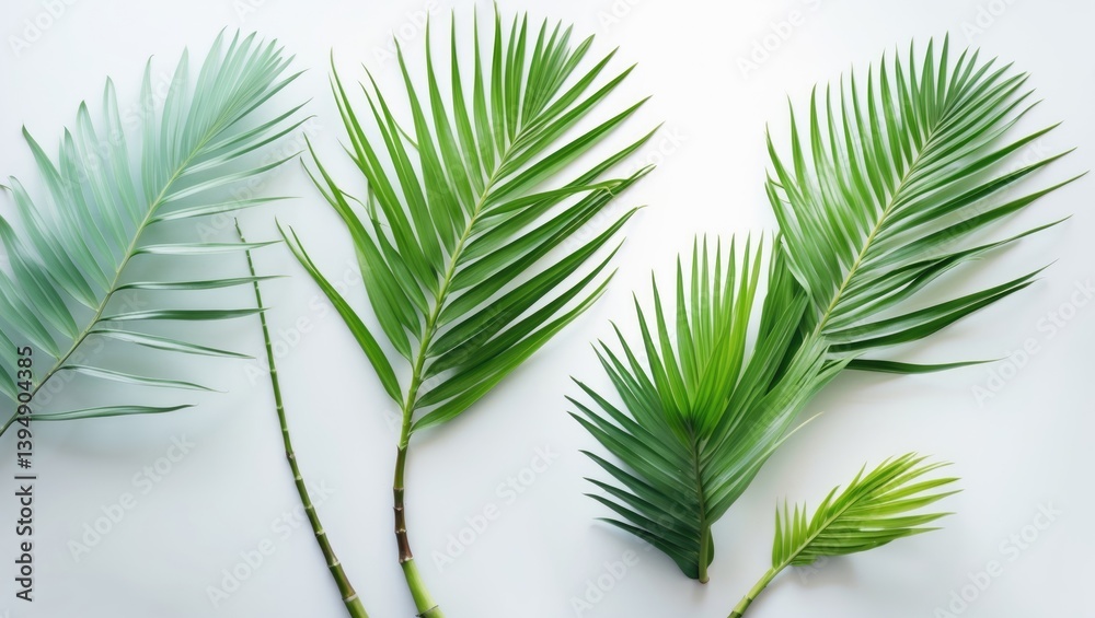 Poster flat lay arrangement of palm leaf branches on a white backdrop