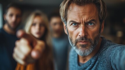 Obraz premium A man with a piercing gaze points emphatically at someone in a charged atmosphere filled with tension and emotion