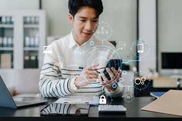 Person using smartphone, tablet with SDK icon on virtual screen. SDK Software development kit programming language technology concept in office.