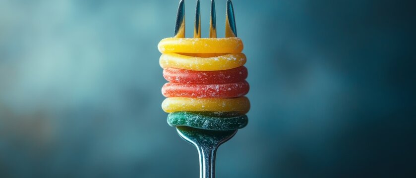 A shiny fork impales vibrant, layered gummy rings, symbolizing a playful take on culinary arts with a twist of whimsy and color.