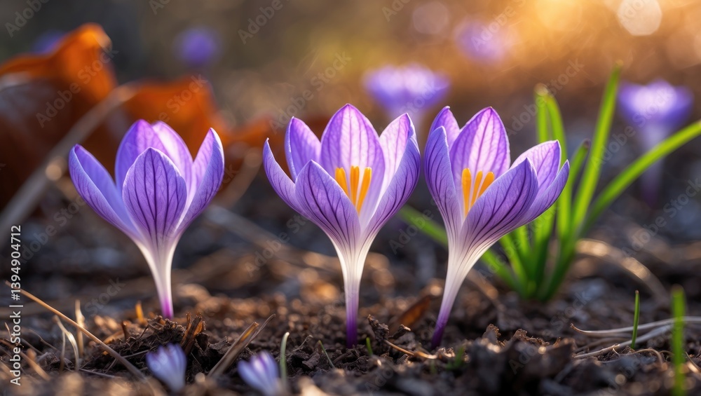 Poster amidst a calm forest, delicate purple crocuses break through the earth, their colorful petals unfurl