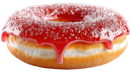 Freshly fried fluffy donut coated in a vibrant red glaze and dusted with a generous layer of sparkling sugar crystals creating a visually appealing and indulgent treat