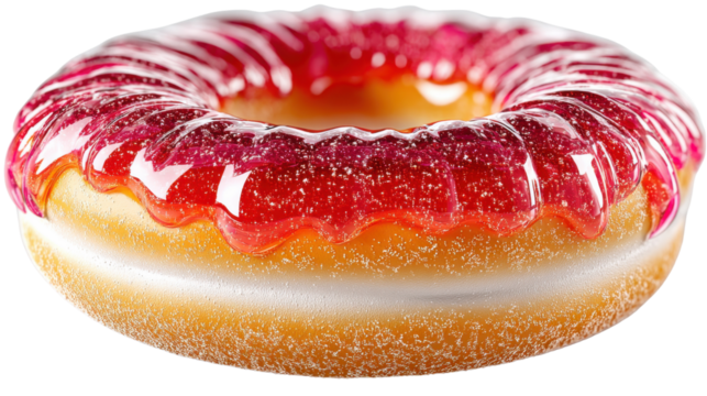 A visually striking and mouthwatering donut with a glossy crimson glaze and a golden caramelized surface creating a delightful and indulgent snack or dessert - Powered by Adobe
