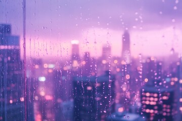 Raindrops on Window with City Skyline and Lights at Night