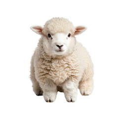 Fototapeta premium Adorable fluffy white lamb with big eyes and soft fur sitting in a peaceful grassy meadow surrounded by nature