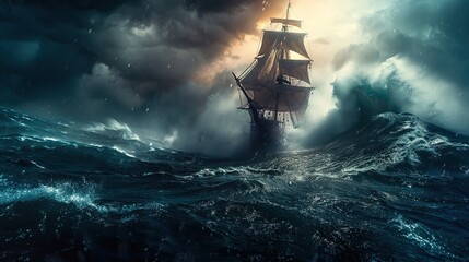 Fototapeta premium High Resolution Digital Painting of a Ship Facing a Mighty Tsunami