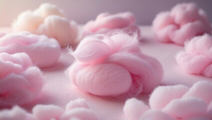 Fototapeta premium Bright pink fluffy cotton candy setting, pastel color sweet candyfloss, abstract blurred dessert backdrop