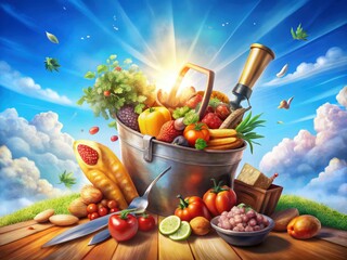 Naklejka premium Blue Sky Food Photography: Shovel Bucket Summer Picnic Feast