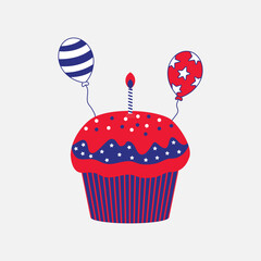 USA Flag Cupcake with Balloons 4th of July American Party Dessert Vector