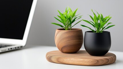 two wooden planters with plants on top of a laptop