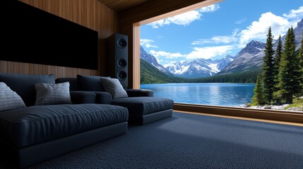 Fototapeta premium a living room with a large window and a couch