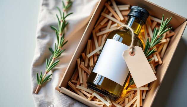 Oil label mockup. Organic olive oil packaging mockup with blank label and rustic gift presentation