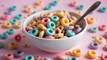 Vibrant cereal in a white bowl accompanied by a spoon on a white backdrop