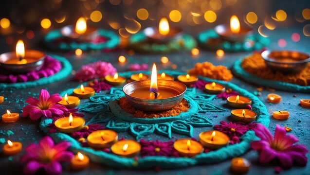 Diwali festivity of lights with oil lamps and vibrant Rangoli decorations featuring colorful flowers in a flowerbed, empty space for greetings, Hindu celebration