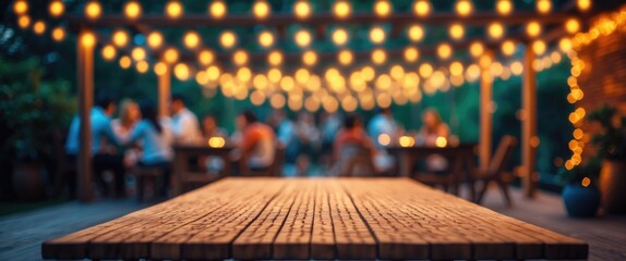 Fototapeta premium Deserted brown wooden surface or terrace adorned with abstract night light bokeh, hazy background, room for product or object showcase, classic color palette