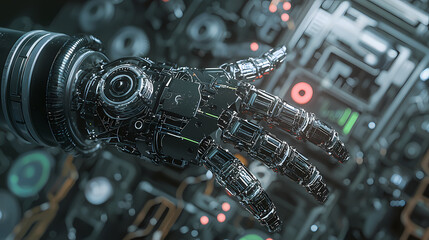 Fototapeta premium A futuristic robotic hand displayed against a complex, high-tech background filled with buttons and lights.