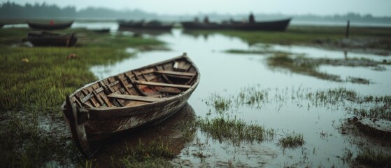 A wooden boat rests quietly on a misty marsh, surrounded by soft, reflective waters, creating a serene and tranquil scene in muted tones.