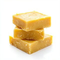 Stack of three square pieces of fudge on a white surface close up on isoleted white background