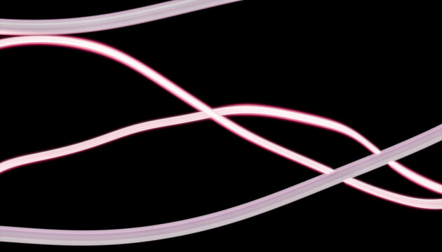 Curved pink and white light trails crossing on a black background. 3D rendering