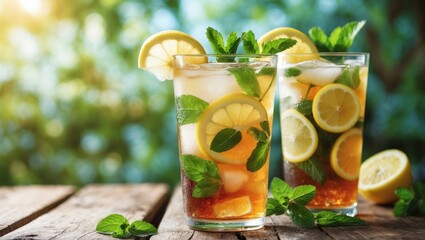 Fototapeta premium Refreshing iced tea with lemon and mint on a wooden outdoor table