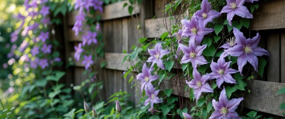 Climbing clematis flowers adorning a garden fence.