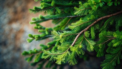 Background featuring textured Fir tree branch. Attractive branch with needle details. Selective focus.